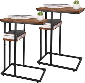 Yoobure C Table End Table Set of 2, Side Tables Living Room, C Shaped Side Table, Couch Tables That Slide Under Couch Table with Metal Frame, Rustic Snack Table for Bedroom/Small Spaces Large Desktop