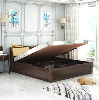 STRATA FURNITURE Sheesham Wood King Size Bed with Hydraulic and Headboard Storage for Living Room Home Bedroom Wooden Double Bed Cot Palang Furniture (Walnut Finish)