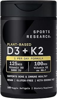 Sports Research Vitamin D3 K2 with 5000iu of Plant-Based D3 & 100mcg of Vitamin K2 as MK-7, Non-GMO Verified & Vegan Certified - 160 Liquid Softgels