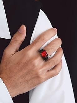 Bandmax Gemstone Signet Rings for Men, Stainless Steel Fancy Cut Cubic Zirconia Rings Blue Topaz/Emerald/Black Onyx/Ruby Ring Statement Ring Wedding Ring Size 7-14