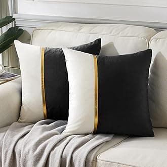 Fancy Homi 2 Packs Black Decorative Throw Pillow Covers 18x18 Inch for Living Room Couch Bed, Black and White Velvet Patchwork with Gold Leather, Luxury Modern Home Decor, Accent Cushion Case 45x45 cm