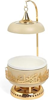 Jiwar Chafer with Porcelain Bowl, Stainless Steel Base, Water Bowl for Even Heat, Glass Lid with Hanger, Powered Buffet Warmer for Catering (Ivory & Gold, 4 Liters)