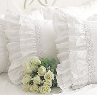 Queen’s House White Ruffle Pillow Shams Cotton Vintage Embroidery Lace Pillowcases King Size Set of 2