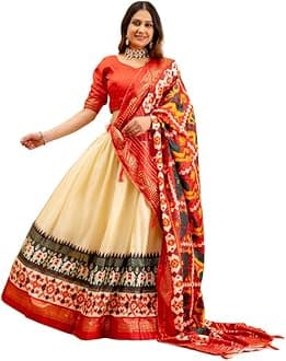 Stitched Traditional Lehenga Choli Set with Patola Dupatta – Festive & Wedding Wear for Women (US, Alpha, Large, Regular, Regular, Deep Red)