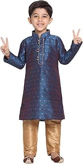 JBN CreationBoys' Full Sleeve Silk Blend Kurta Pyjama Set with Mandarin Collar, Featuring Ethnic Motifs, Self-Design, and Embellishments - Perfect for Festivals and Special Occasions