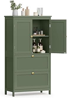 VASAGLE Bathroom Floor Storage Cabinet, Bathroom Storage Unit, Freestanding Cabinet with 2 Drawers and 2 Doors, Adjustable Shelf, 11.8 x 23.6 x 43.3 Inches, Forest Green UBBC551C01