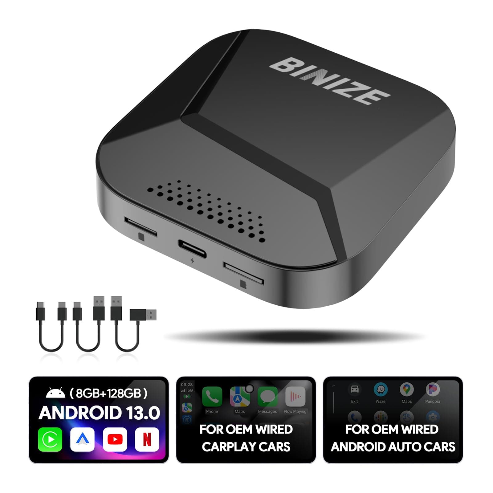 Binize Android 13 Carplay Ai Box Streaming 3.0 Wireless CarPlay/Android Auto Only Support Car OEM Wired CarPlay/AndroidAuto 8-Core (8G+128G)