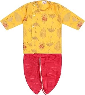 Boy's Golden Foil Printed Side Open Cotton Kurta, Round Collar, Full Sleeves With Cream Color Dhoti