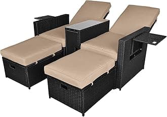 VUYUYU 5PCS Outdoor Wicker Chaise Lounge Chair - Rattan Adjustable Reclining Patio Lounge Chair with Ottoman and Coffee Table, for Patio Beach Pool Backyard (Black Wicker Khaki Cushion)