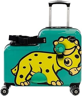 YounglingzLil Flyer 20" kid ride on suitcase child stroller spinner luggage (Green Triceratops)