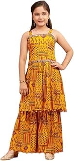 Girls Ethnic Wear Black Colour Printed/Mirror Lace Polyester Kurti Sharara Set