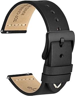 WOCCI 18mm Old-fashioned Watch Band for Men, Top Grain Leather, Black Matte Buckle (Black)