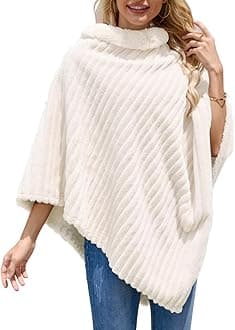 Women's Cozy Striped Faux Fur Poncho Sweater Soft Fuzzy Shawl for Winter