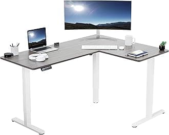 VIVO Electric Corner 63 x 47 inch L-Shaped Standing Desk, Memory Height Adjustment, Dark Gray Top White Frame, DESK-E3CTWG-47