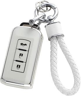 for Mitsubishi Key Fob Cover with Keychain, Soft TPU Key Case Protection Shell Fit for 2 Buttons Outlander Lancer Eclipse Mirage White Gold