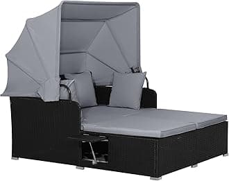 RELAX4LIFE Outdoor Wicker Lounge Daybed - PE Rattan Sunbed with Retractable Canopy, Cushions, Pillows, 2 Folding Side Trays, Patio Double Conversation Bed for Porch, Yard, Garden,Poolside (Gray)