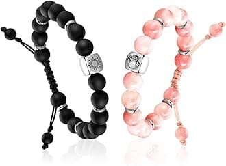 Elegant Beaded Bracelets - Natural Stone & Stainless Steel Healing Energy Jewelry for Couple Lover, Adjustable Sun and Moon Non-Smart Bracelet Set with Positive Meaning, Perfect Friendship Gifts
