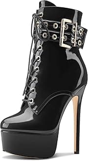 Womens Stiletto High Heel Platform Ankle Boots Round Toe Lace-up Zipper Mid Calf Buckle Patent Leather Dress Booties
