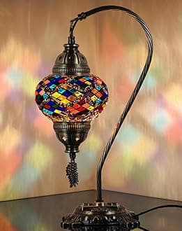 DEMMEX Turkish Moroccan Mosaic Table Lamp – Handcrafted Tiffany-Style Glass Bedside & Desk Light, Swan Neck Boho Lamp for Living Room or Bedroom, E12 Socket, 38 cm Height