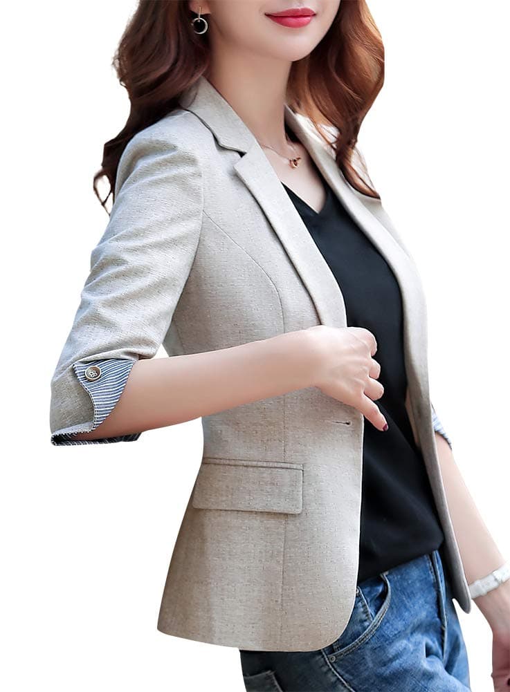 Womens Notched Lapel Pocket Single Button Casual Work Office Blazer Jacket Slim Fit Blazer for Business Lady