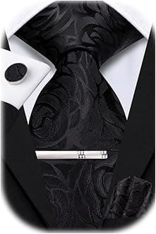 Hi-Tie Silk Black Men's Tie and Pocket Square Cufflinks Clip Pin Set 4 PCS Ties for Men Necktie for Wedding Business