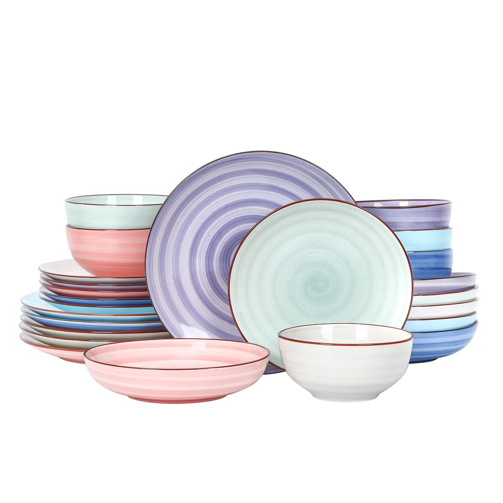 Ceramic Plates and Bowls Set, 24 Pieces Dinnerware Sets for 6, Scratch Resistant Dishes Set, Handpainted Swirl with Spot Dishwasher & Microwave Safe, Gradient Color