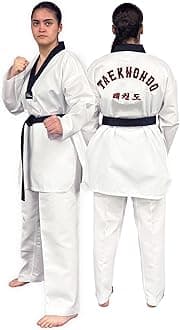 Daedo Taekwondo Uniform - Black Neck, WT Recognized, Ribbed Polyester, Includes Pants & Top with Embroidered Taekwondo