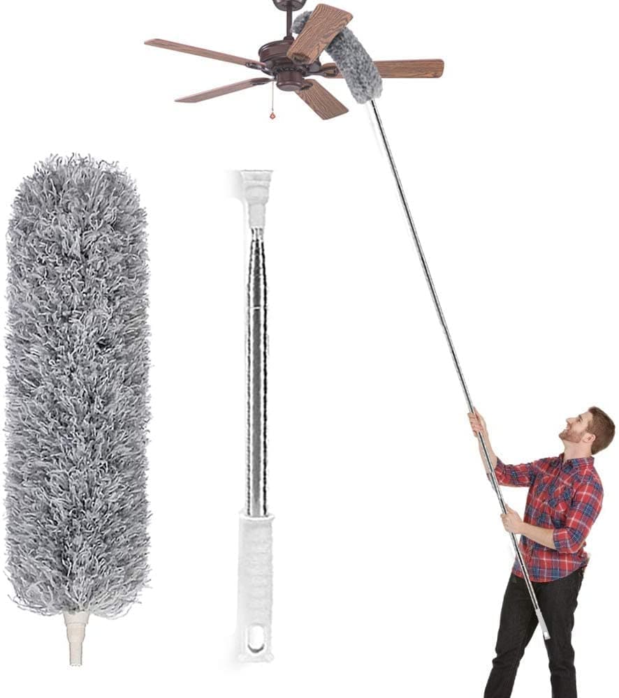 Microfiber Duster with Extension Pole(Stainless Steel), Extra Long 100 inches, with Bendable Head, Extendable Duster for Cleaning High Ceiling Fan, Interior Roof, Cobweb, Gap Dust Wet or Dry