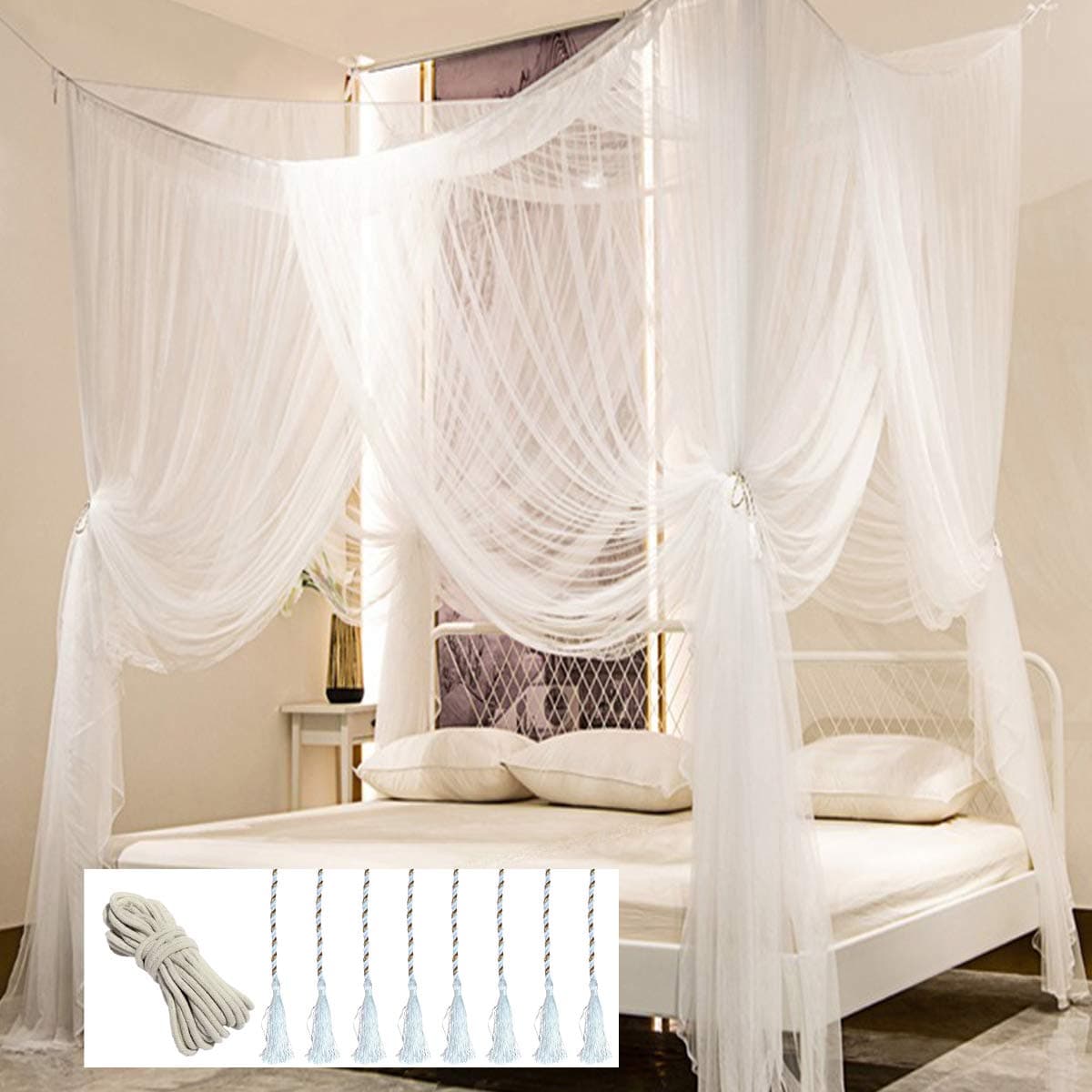 Comtelek MOSQUITO NET for Double Bed, Four Corner Post Elegant Mosquito Net Bed Canopy Set, Stick hook &profession rope for net, Screen Netting Canopy Curtains, Full/Queen/King