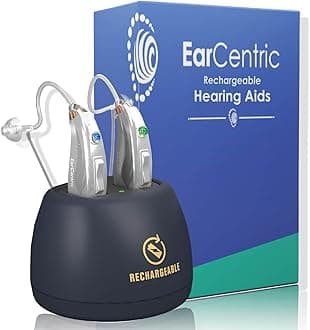 [Silver] EarCentric EasyCharge Rechargeable Hearing Aids (Pair) for Seniors, Behind-The-Ear BTE Ear Aid PSAP digital Personal sound amplification products devices with Noise Cancellation