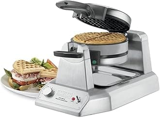 Commercial WWD200 Classic Double Waffle Maker, Coated Non Stick Cooking Plates, Produces 60 waffles per hour, 120V, 1400W, 5-15 Phase Plug, Silver