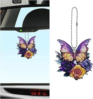Butterfly Car Rearview Mirror Accessories - 2D Flat Car Rear View Mirror Charm - Lovely Flower Car Interior Mirror Hanging Pendant - Christmas Tree Ornament Car Decoration for Men Women (Colorful)