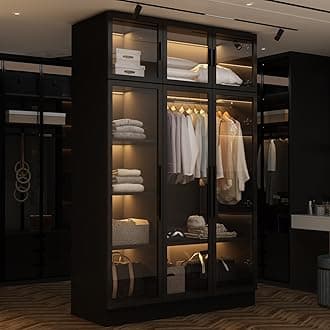 Hitow Wardrobe Cabinet with LED Lights, Armoire Closet with Glass Doors, Wooden Large Wardrobe with Hanging Rod & 5 Tiers Shelf, Modern Bedroom Armoire Clothes Organizer, Black 47.2" W