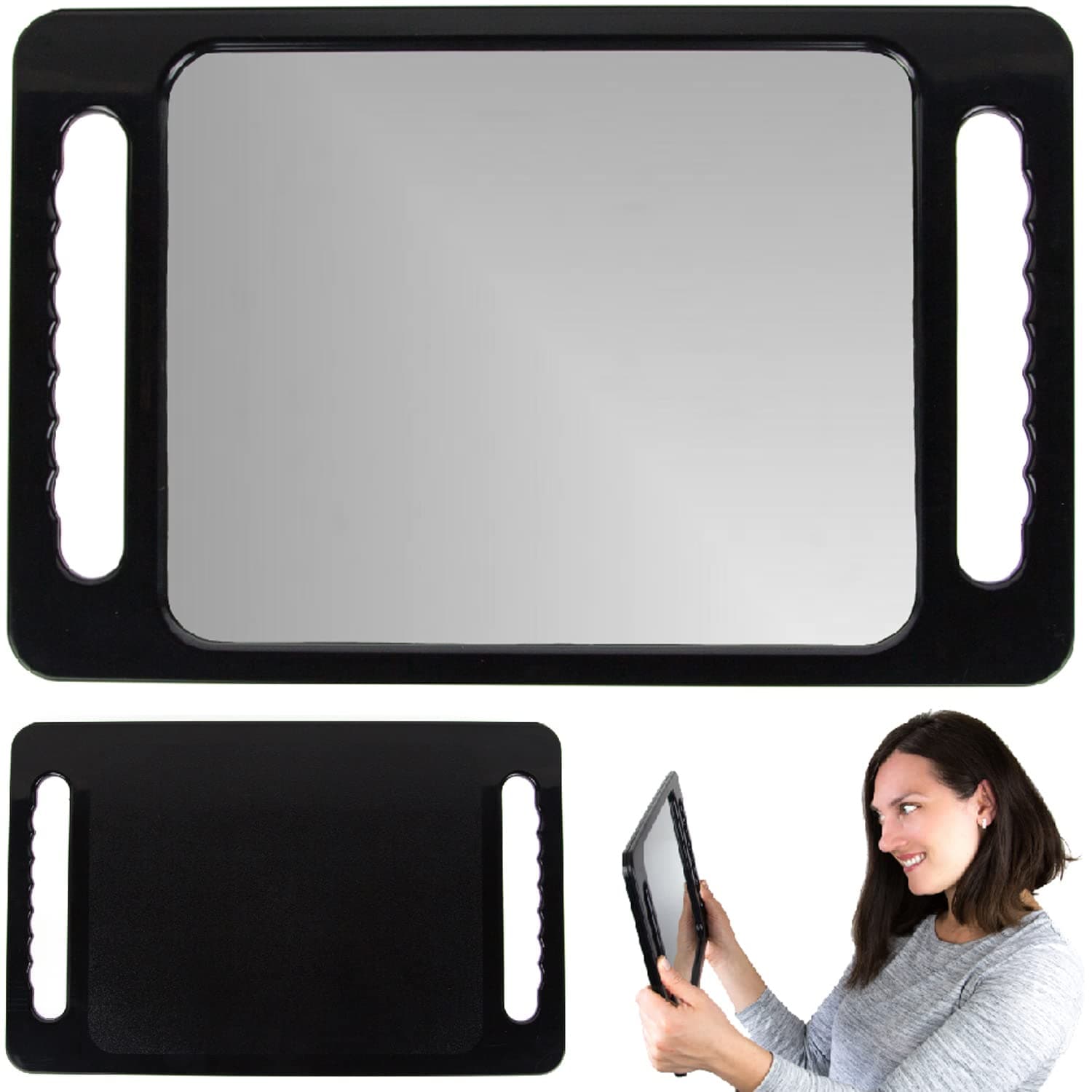 - Large Hand Mirror with Double Handle - Rectangular Hand Held Mirror with Handle - Hair Salon Equipment Hairstylist and Barber Accessories (Black)