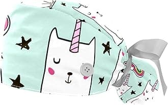 Cartoon Black Cat Working Cap with Button & Sweatband 2 Pcs Reusable Surgical Surgery Hats Ponytail Holder Multi Color