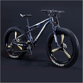 Mountain Bikes Men 26 Inch Adult Fat Tyre Mountain Bike with Full Suspension, High-carbon Steel Large Frame Dual Disc Brake Giant Bicycle,Blue 3 Spoke,21 Speed