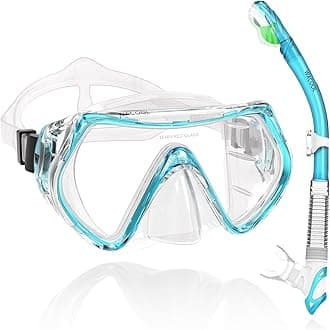 WACOOL Professional Snorkeling Snorkel Diving Scuba Package Set with Anti-Fog Coated Glass Purge Valve and Anti-Splash Silicon Mouth Piece for Men Women (Adults,Lake Blue)