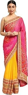 Women's Elegance Chiffon Bandhani Saree with Heavy Lehenga Design