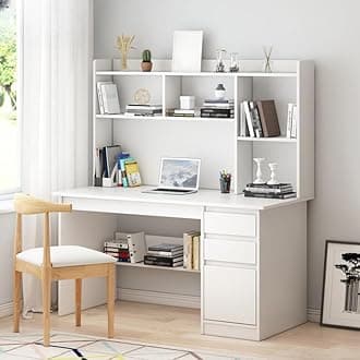 LITFAD Modern Computer Desk Work from Home Desk with Hutch, Bookcase and Integrated Cable Management, Rectangular Wood Office Desk 3 Drawers, White 39" L x 16" W x 56" H