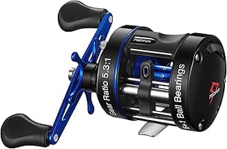 Chaos XS Baitcasting Fishing Reel, Reinforced Metal Body Round Baitcaster Reel, Smooth Powerful Saltwater Inshore Surf Trolling Reel, Conventional Reel for Catfish, Musky, Bass, Pike