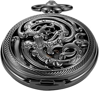 Black Screw Design Mechanical Pocket Watch for Men,Men's Roman Numerals Black Dial with Chain Pendant Gift, MW153