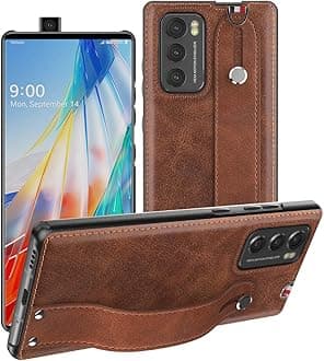 Foluu for LG Wing 5G Case, for LG Wing Case 2020, [Slim & Lightweight] PU Leather Back Cover Support Swivel Mode Hard PC Holder with Hand Strap Protective Phone Case for LG Wing 5G 6.8 Inches (Brown)