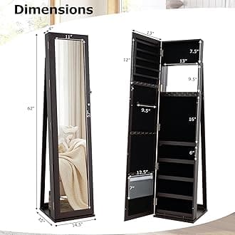 CHARMAID Jewelry Armoire Cabinet with 62" Tall Full Length Mirror, 2-in-1 Lockable Standing Jewelry Organizer with Large Storage Capacity, Inside Makeup Mirror, Stable Base, Easy Assembly (Espresso)