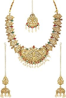 Jewellery Set for Women Gold Plated Traditional Temple Jewellery Set Antique Necklace Set with Earrings and Maangtikka for Women and Girls