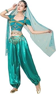 Arabian Jasmine Costume for Women Princess Dress Up Halloween Belly Dance Top Pants 4 Piece Outfit
