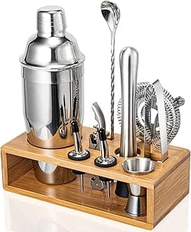 Cocktail Shaker Set, Mixology Bartender Kit 10-Piece Bar Tool Set with Stylish Bamboo Stand, Bar kit: Matini Shaker Mixing Spoon Muddler Jigger Cocksrew for Barware Set