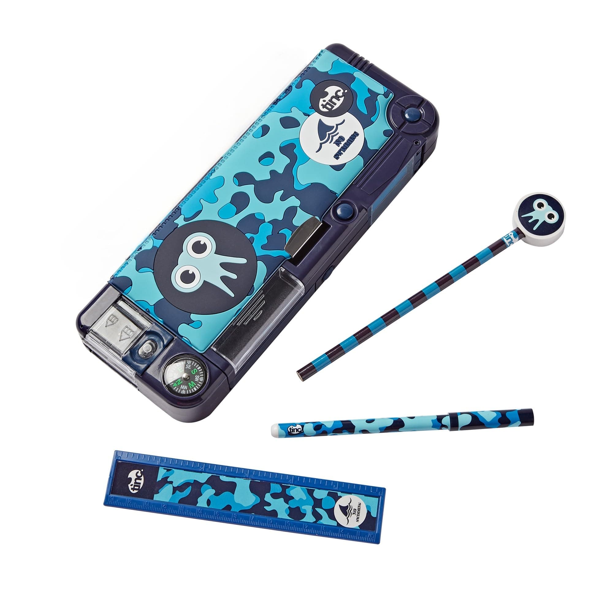 Tinc Pop-Out Compartment School Pencil Case - Blue - Includes Pencil with Eraser Topper, Ballpoint Pen & 15cm Ruler - Secret Compartments with Push Button, One Size (SNPCCAMT)
