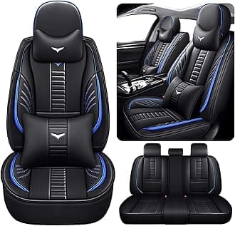 Full Set of Universal Fit Automotive Seat Covers fit for Mitsubishi Outlander Sport 2011-2025, PU Leather Automobile Interior Sets with Headrest & Back Pillow Black & Blue Line