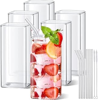 Sumind Set of 6 Square Drinking Glasses, Square Glass Cup 13 oz, Modern Highball Glassware Set, Thin Cocktail Glasses with Straws and Straw Brushes for Cocktail Coffee Water Juice Beer Drink Tumbler