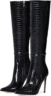 4 inch Women's Knee High Long Boots, Stiletto Tall Pointed Toe Heeled Boot Leather Suede Comfortable Sexy Black Grain Size 9